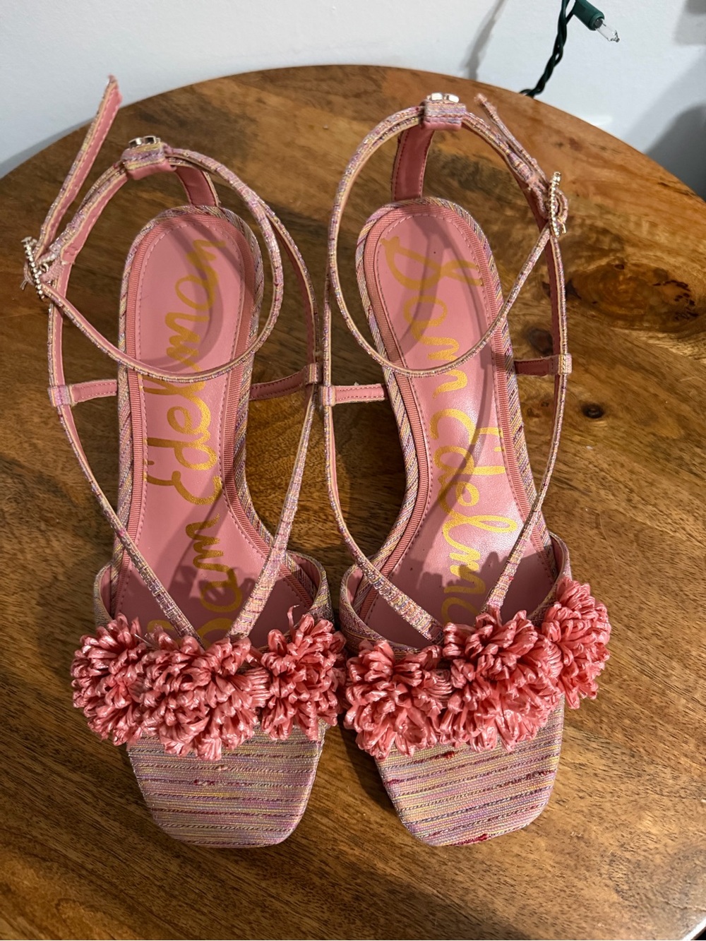 Sam Edelman Pink Floral-Trim Ankle-Strap Heels - Picture 2 of 5